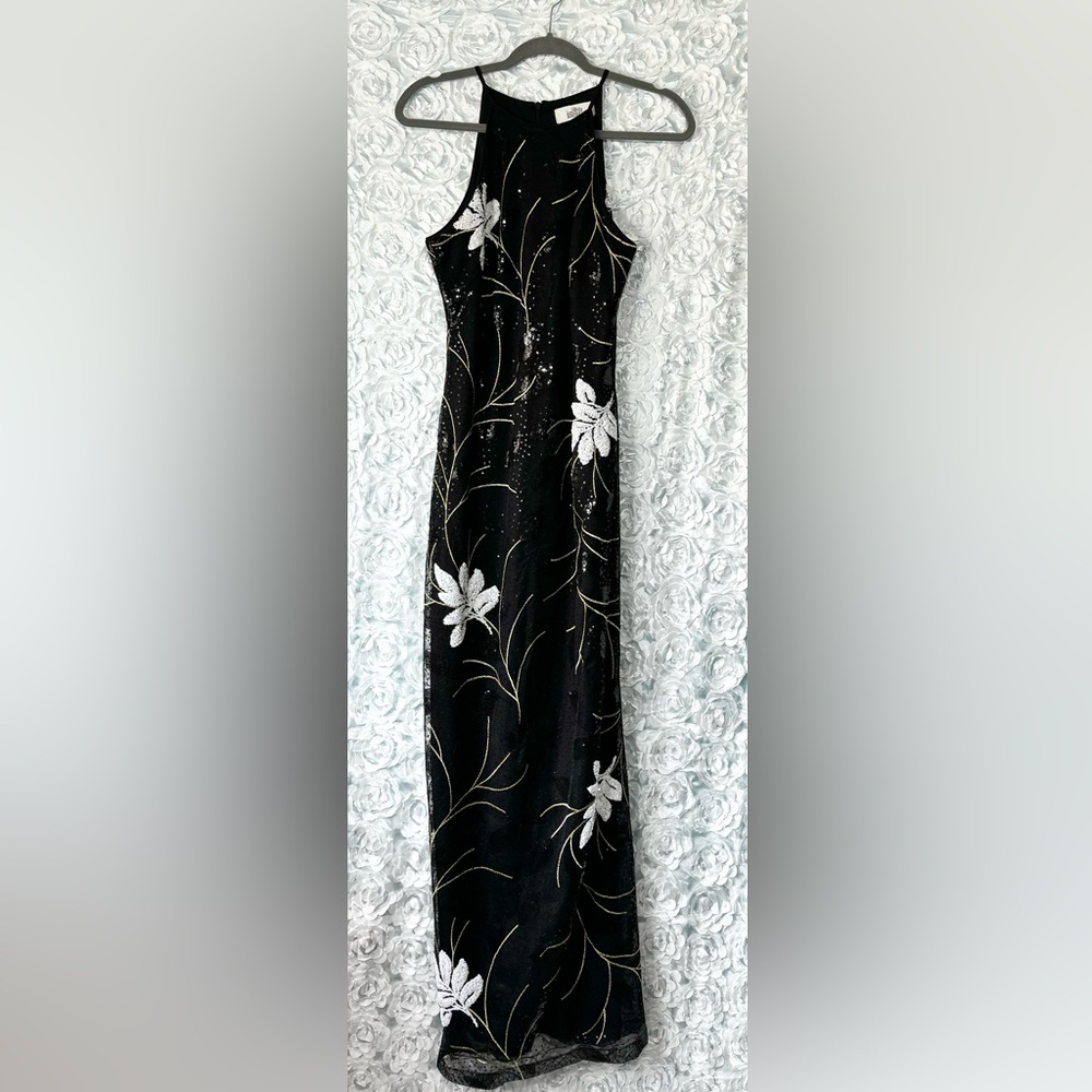 Belle Badgley Mischka Dress Gown 6 Black Embroidered Sequins Leaves Gold Formal